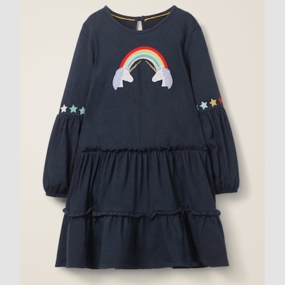 Mini Boden Other - Mini Boden Bright Tiered Stormy Blue Unicorn Jersey Dress in Navy Size 5-6 Year